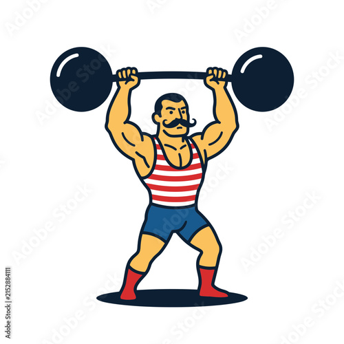 A vintage illustration of a strong man lifting a heavy barbell over his head