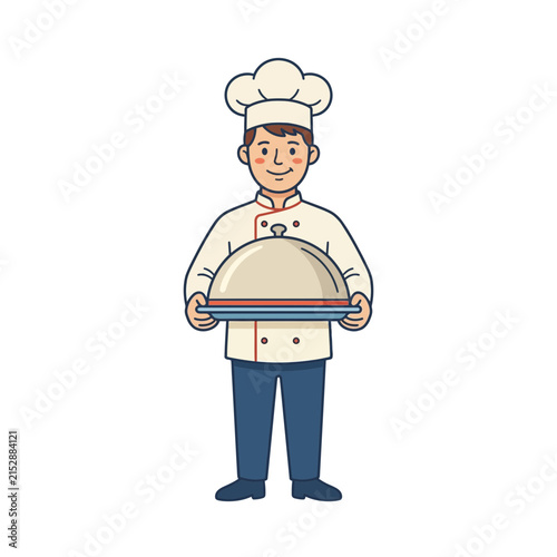 A friendly professional chef holding a silver serving platter with a lid