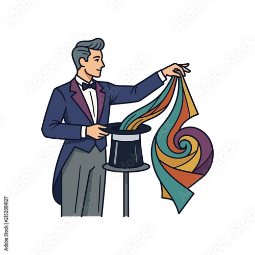 A professional magician performs a colorful trick with a top hat