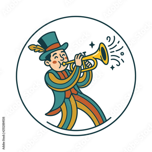 A colorful illustration of a performer playing a brass instrument