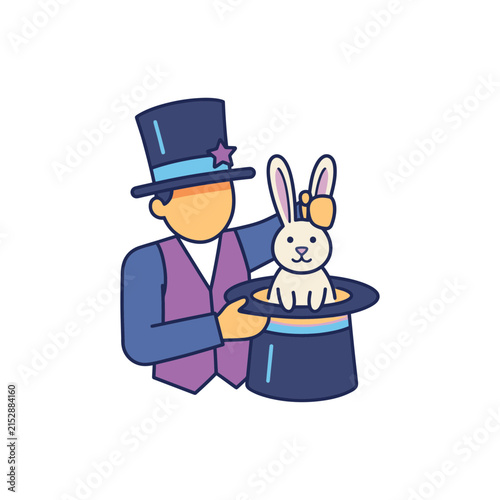 A professional magician pulls a cute white rabbit out of his tall black hat