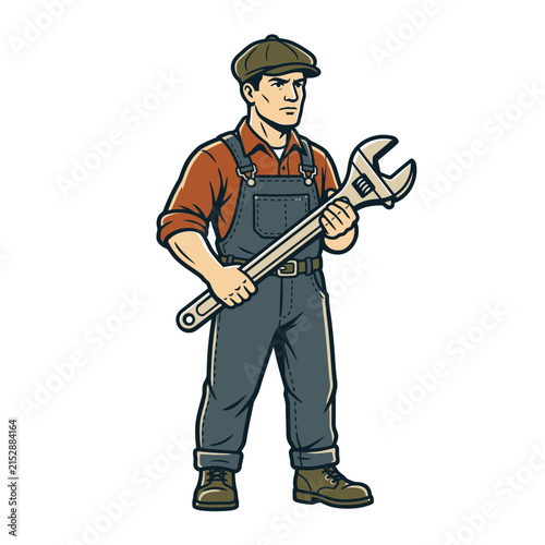A professional manual laborer holding a large metal wrench in a vintage illustration style