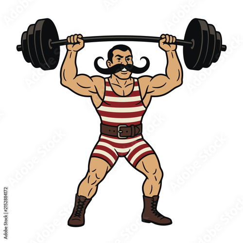 A vintage illustration of a strong man lifting a heavy barbell