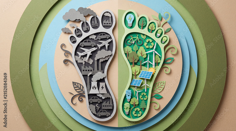 Fototapeta premium Paper cutout of two footprints showing pollution versus green energy symbols for environmental awareness and sustainability campaigns