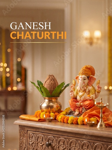 Decorative ganesh chaturthi altar arrangement featuring traditional brass kalash and vibrant marigold garland flowers