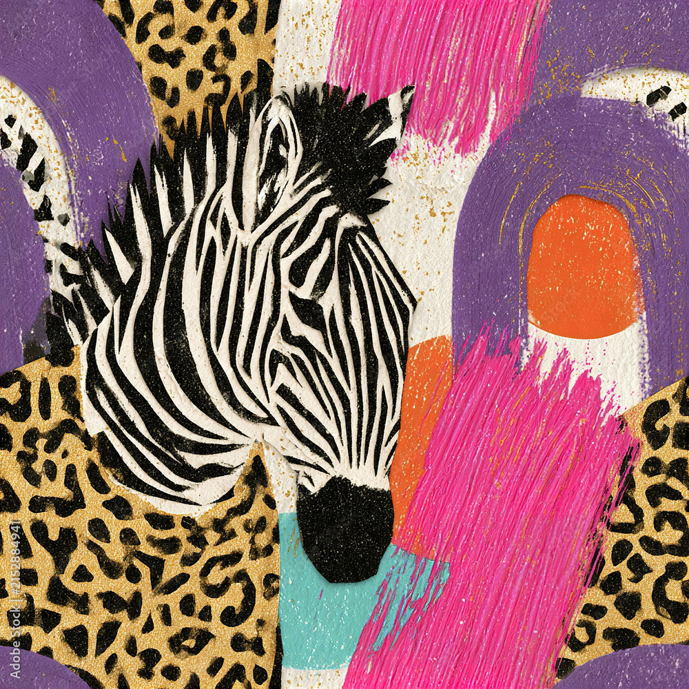 Naklejka premium Zebra head with black and white stripes on colorful abstract background with leopard print and brush strokes