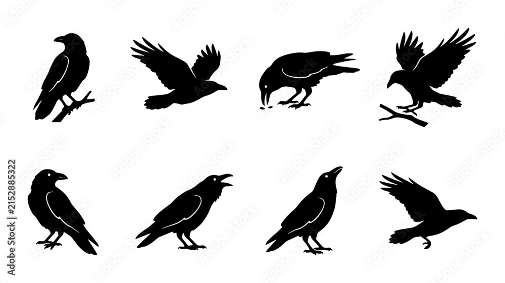 Naklejka premium Black Raven Silhouettes Set, Flying and Perched Birds Vector Icons, Gothic Animal Graphics