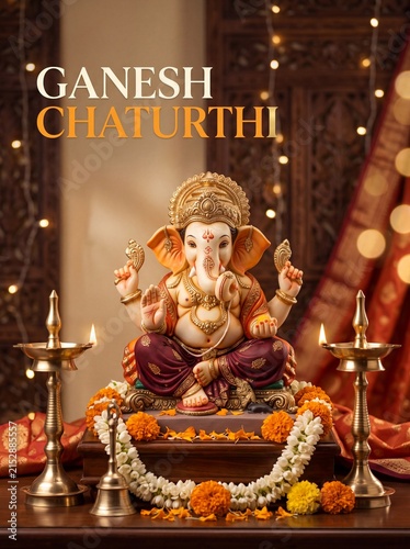 Ganesh chaturthi festival celebration with decorative idol with festive religious celebration amidst marigold flowers