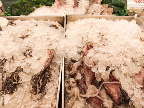 Fresh seafood rests atop crushed ice. Octopus and fish lie nestled in chilled displays. Market stalls feature abundant, crisp ice coverage. Buyers may pause to examine the seafood's freshness