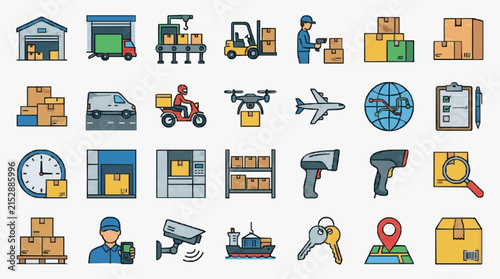 Sleek Colorful Illustrations of Modern Logistics and Supply Chain Management Icons with Flat Design