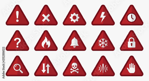 Dynamic Set of 15 Red Triangle Warning Icons with White Symbols for Alerts Notifications and Security