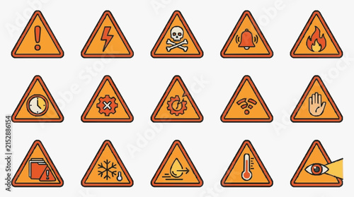 Modern Warning Symbols Collection in Vibrant Orange and Red Triangle Icons with Bold Visual Alerts