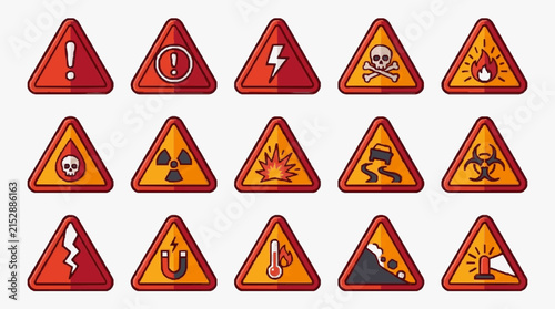 Corporate Warning and Hazard Icon Set Vibrant Red and Orange Triangle Alert Symbols for Safety Biohazard Radiation and More