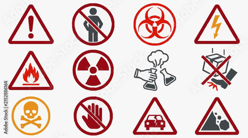 Modern Safety Warning Icons Collection Red Orange and Black Prohibition Symbols with Hazard Symbols for Health Bio Fire and Environmental Risks