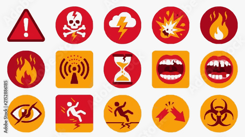 Creative Set of 15 Vibrant Warning and Hazard Icons with Bold Red Orange and White Color Schemes