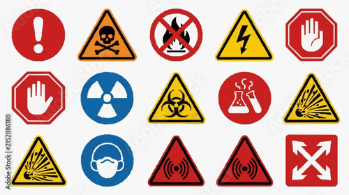 Elegant Collection of 15 Standard Safety Warning and Hazard Symbols in Vibrant Colors for Clear Communication