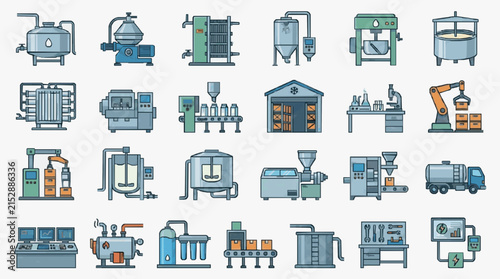 Dynamic Illustrated Collection of Industrial Brewing Processing and Quality Control Equipment in Blue Green Gray