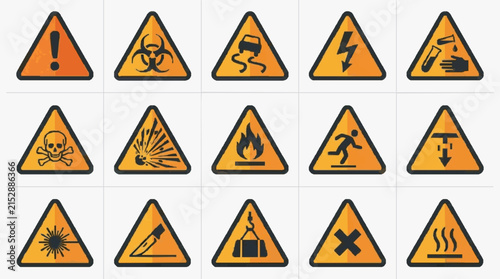 Professional Set of 15 Vibrant Orange and Black Triangle Warning Safety Icons with Hazard Symbols for SEO and Design Use