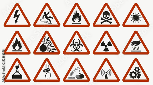 Elegant Collection of 15 Red Bordered Triangle Warning Icons with Black Symbols for Safety and Hazard Communication