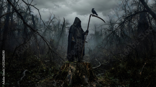 Grim reaper with a scythe and raven in a dark forest illustration