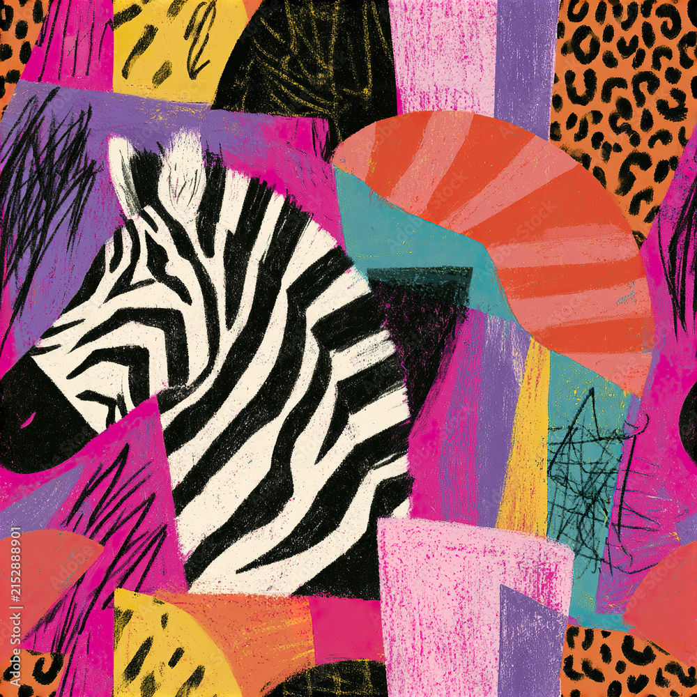 Obraz premium Abstract zebra head with colorful geometric shapes and animal skin patterns creating bold artistic design full of vibrant