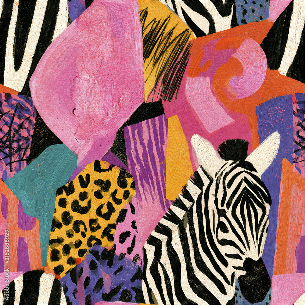 Obraz premium Abstract colorful animal skin pattern with zebra and leopard print in bold geometric shapes creating vibrant texture