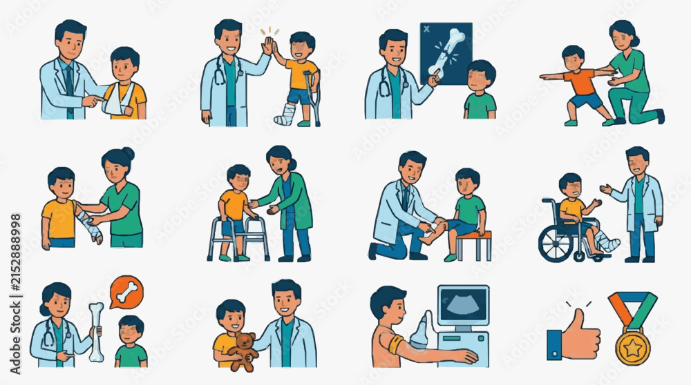 Fototapeta premium Minimalist Illustrated Guide to Pediatric Orthopedic and Physical Therapy Recovery Journey with high quality professional line art symbols for modern creative design and digital branding projects