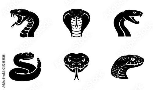 Snake Icons Vector Set: Cobra, Viper, Serpent Heads, Reptile Silhouettes for Wildlife and Danger Graphics