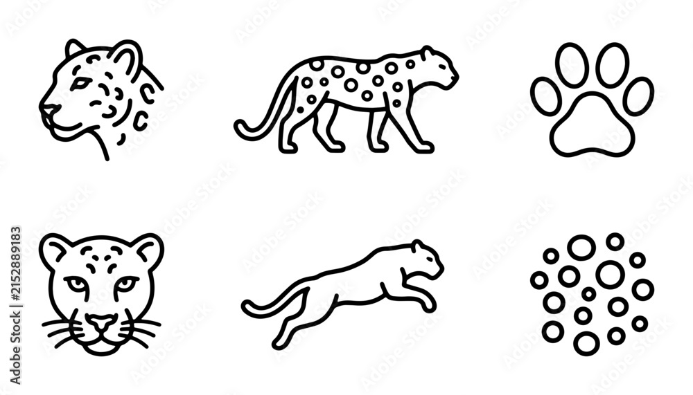 Obraz premium Leopard Icons Set: Wild Cat Faces, Full Body Poses, Paw Print, Spot Pattern Vector Graphics