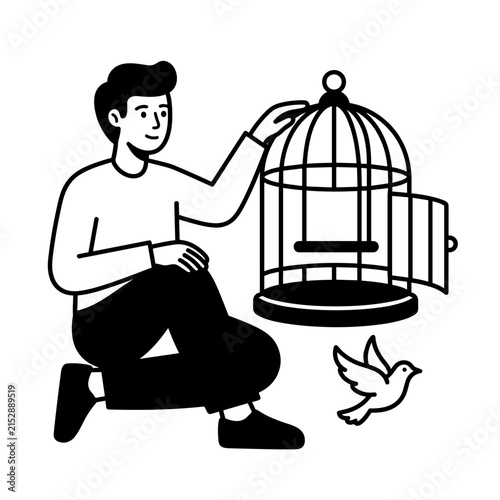 Man Releasing Bird From Open Cage Freedom Concept.