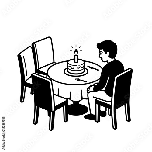 Man sits alone at a table with a birthday cake and candle.