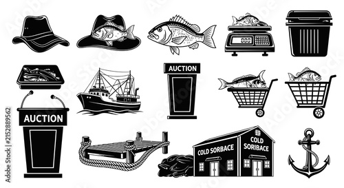 Seafood Market and Fish Auction Vector Set