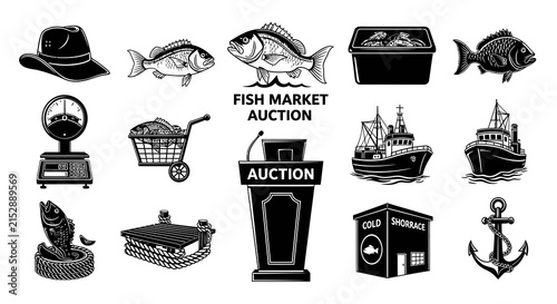 Fish Market and Seafood Auction Vector Icons