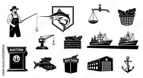 Fish Market Auction and Seafood Vector Elements