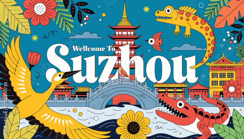 Welcome to Suzhou: Vibrant Chinese Cityscape with Crane, Crocodiles, and Flowers