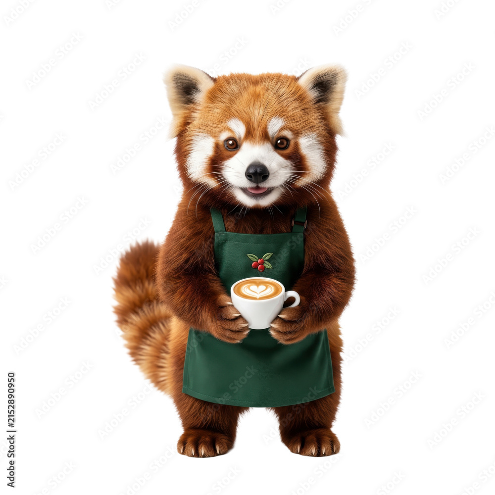 Fototapeta premium Adorable red panda wearing a green apron holding a tiny cup of coffee isolated on transparent background