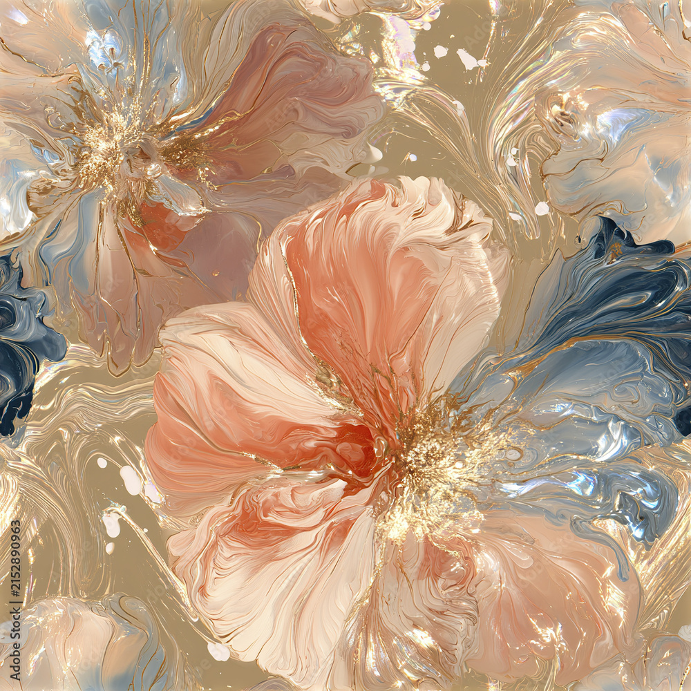 Fototapeta premium Seamless champagne gold fluid art pattern with abstract floral design and soft pastel colors creating elegant texture