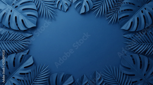 Symmetric navy blue tropical leaf border incorporates palm and monstera elements around circular central focal point.