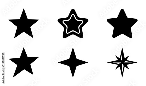 Diverse Black Star Icons Set, Simple Geometric Shapes, Celestial Symbols, Vector Graphics for Design