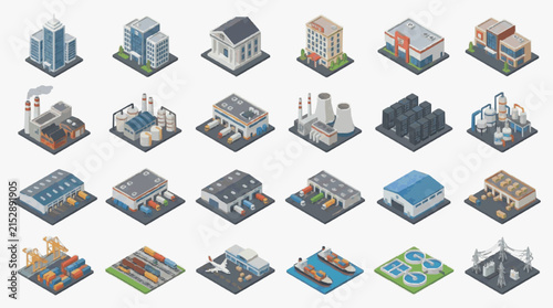 Corporate and Industrial Buildings Isometric Set with Diverse Structures Factories Offices and Infrastructure