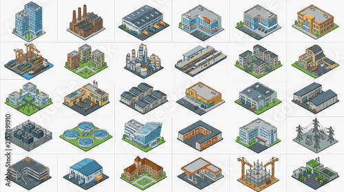 Dynamic Isometric Illustrations of Diverse Buildings and Structures in Modern Color Palette with high quality professional line art symbols for modern creative design and digital branding projects