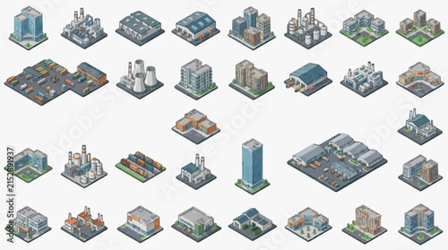 Sleek Isometric Illustrations of Modern Industrial Commercial and Residential Buildings with Diverse Architectural Styles