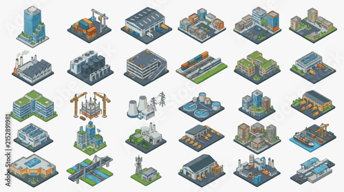 Creative Isometric Set of 30 Diverse Buildings and Industrial Structures in Vibrant Colors and Detailed Designs