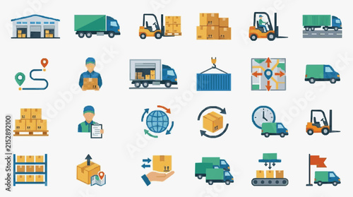 Elegant Colorful Icons Illustrating Comprehensive Global Logistics and Supply Chain Operations with high quality professional line art symbols for modern creative design and digital branding projects