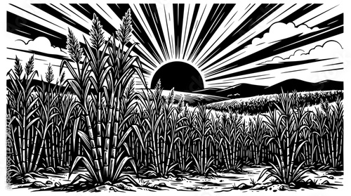 Sunrise Over Sugarcane Field, Black and White Woodcut Style Illustration
