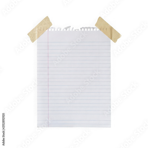Blank sheet of lined notebook paper taped to the wall isolated on transparent background
