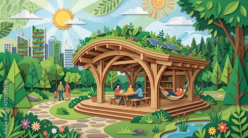 Sustainable Mass Timber Eco Pavilion Park Paper Art. A sophisticated architectural illustration showcasing a sustainable mass-timber pavilion nestled within a vibrant urban city park