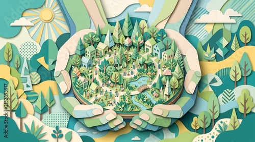 An evocative, macro-level conceptual illustration symbolizing deep environmental stewardship. Two large, abstract papercraft hands gently cradle a meticulously detailed micro-city park