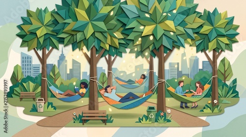 A serene and calming illustration that highlights the psychological benefits of urban green spaces. The scene features a tranquil hammock grove nestled beneath a thick, layered papercraft tree canopy 