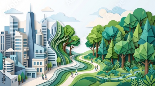 A sweeping, highly conceptual illustration that visualizes the ultimate goal of environmental harmony. The artwork depicts a seamless, flowing transition where a modern city skyline morphs.